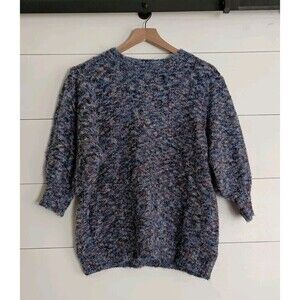 FRNCH Paris Knit Sweater Blue Brown Balloon Sleeve Sz Large Popover Cottagecore